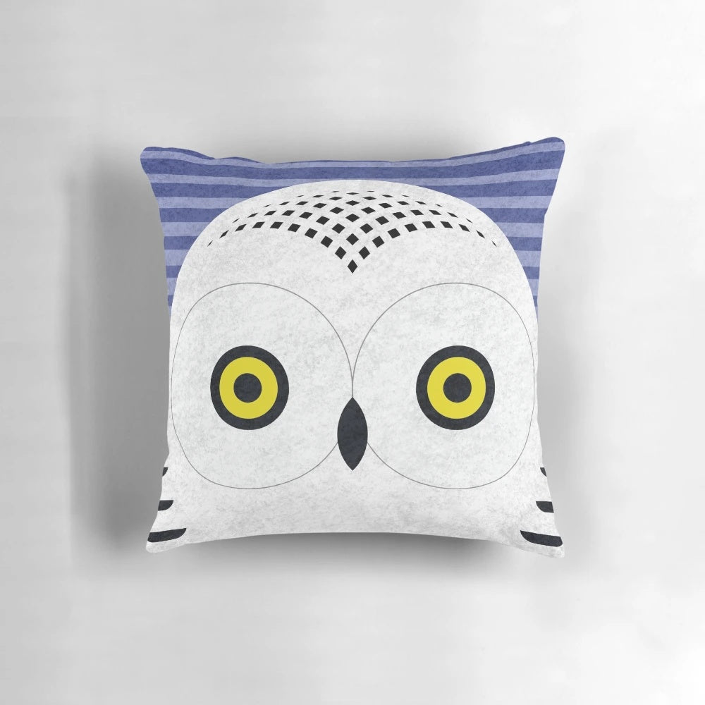 Soft, plush throw pillow with a digital illustration of a majestic snowy owl's head by artist Scott Partridge