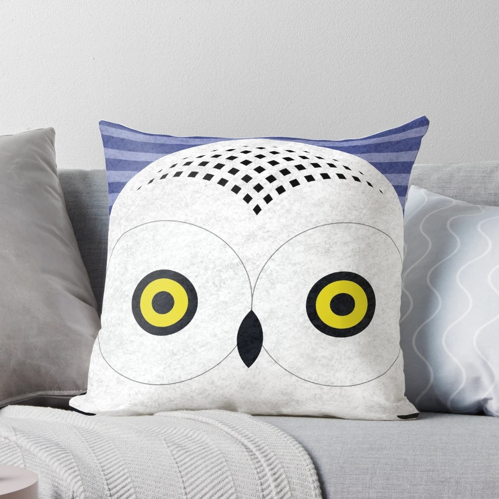Soft, plush throw pillow with a digital illustration of a majestic snowy owl's head by artist Scott Partridge