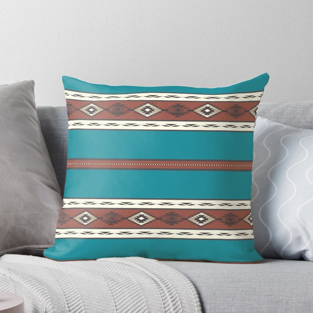 Southwest teal decorative pillow with Navajo and Aztec inspired patterns