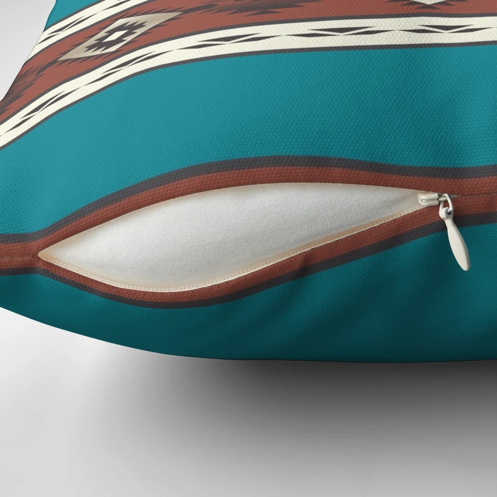 Southwest teal decorative pillow with Navajo and Aztec inspired patterns