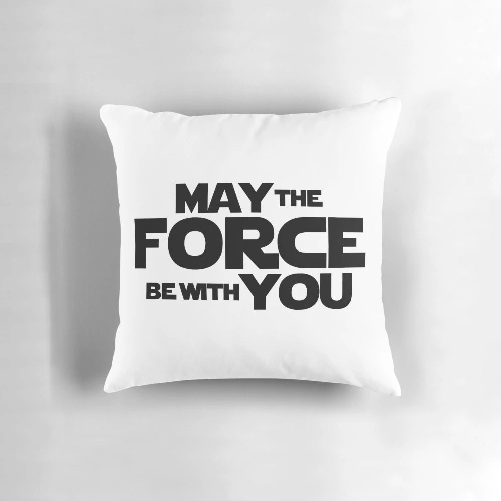 A decorative pillow featuring popular Star Wars quotes and graphics.