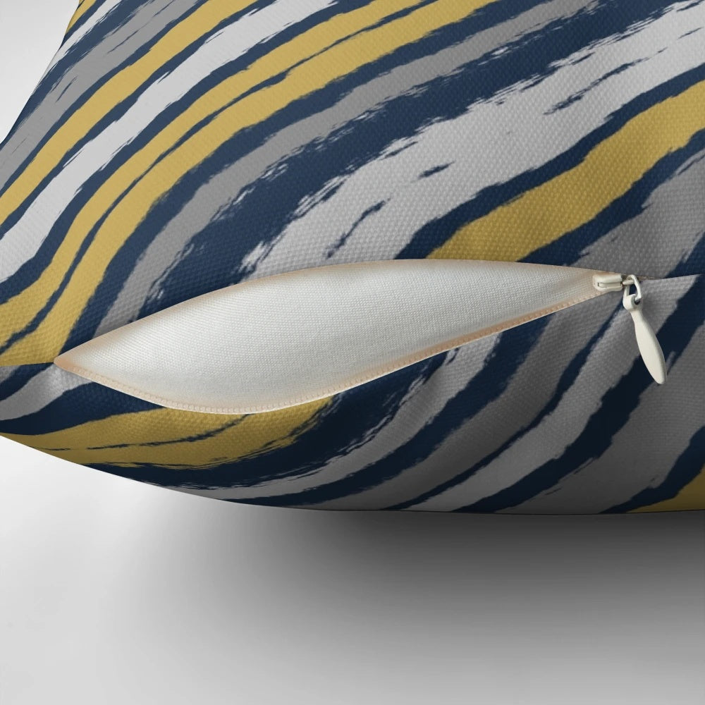 Grey, mustard yellow, and blue brush stroke striped pillow