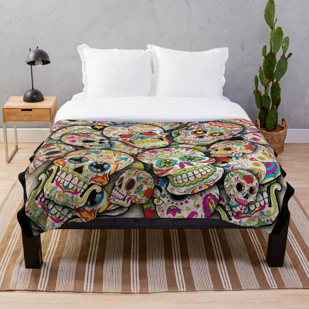 Sugar skull collage plush blanket with colorful skull designs