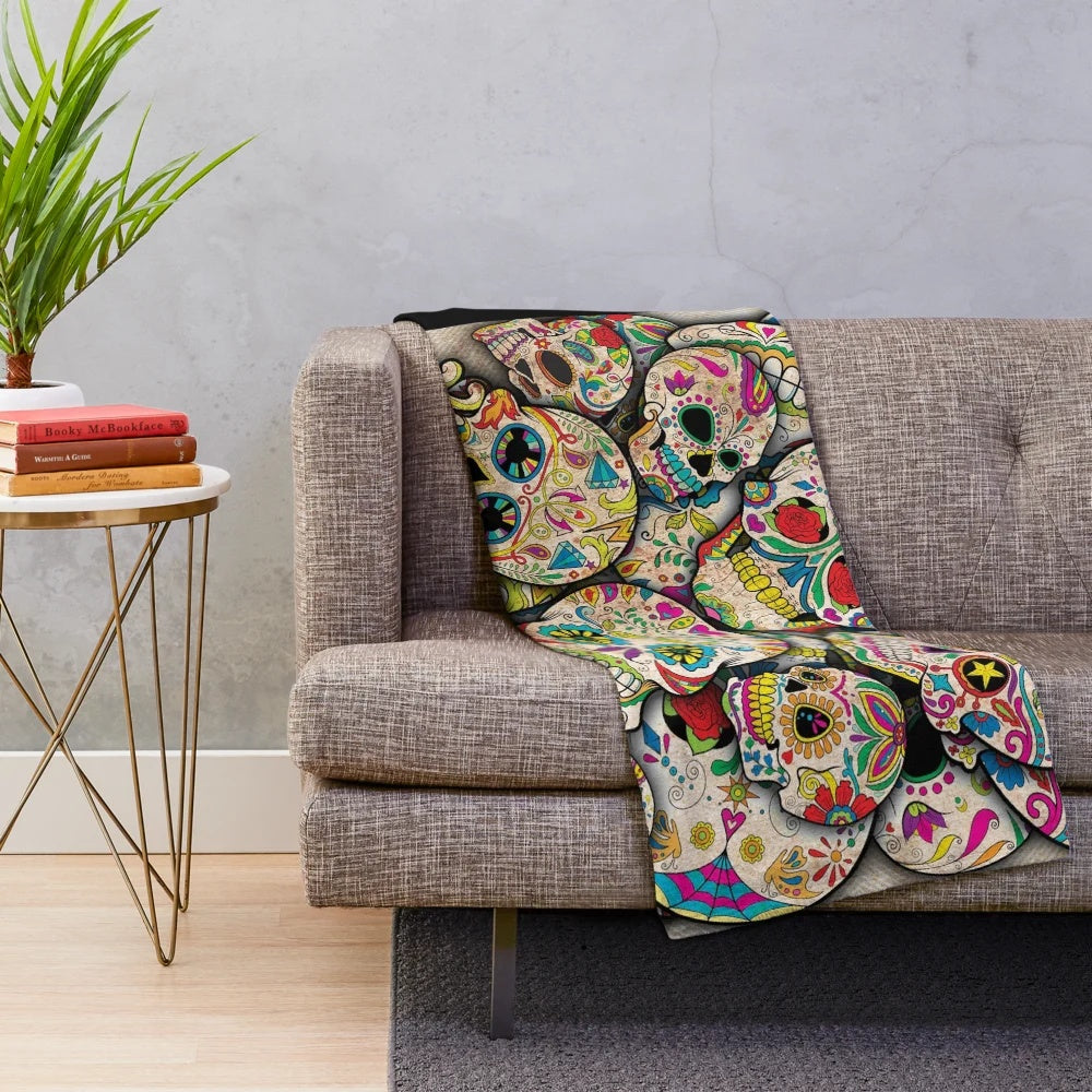 Sugar skull collage plush blanket with colorful skull designs