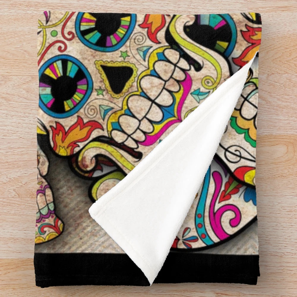 Sugar skull collage plush blanket with colorful skull designs