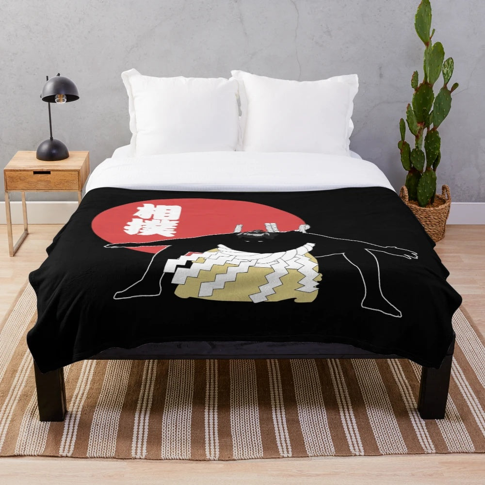 Plush blanket featuring a sumo wrestler design with Japanese art