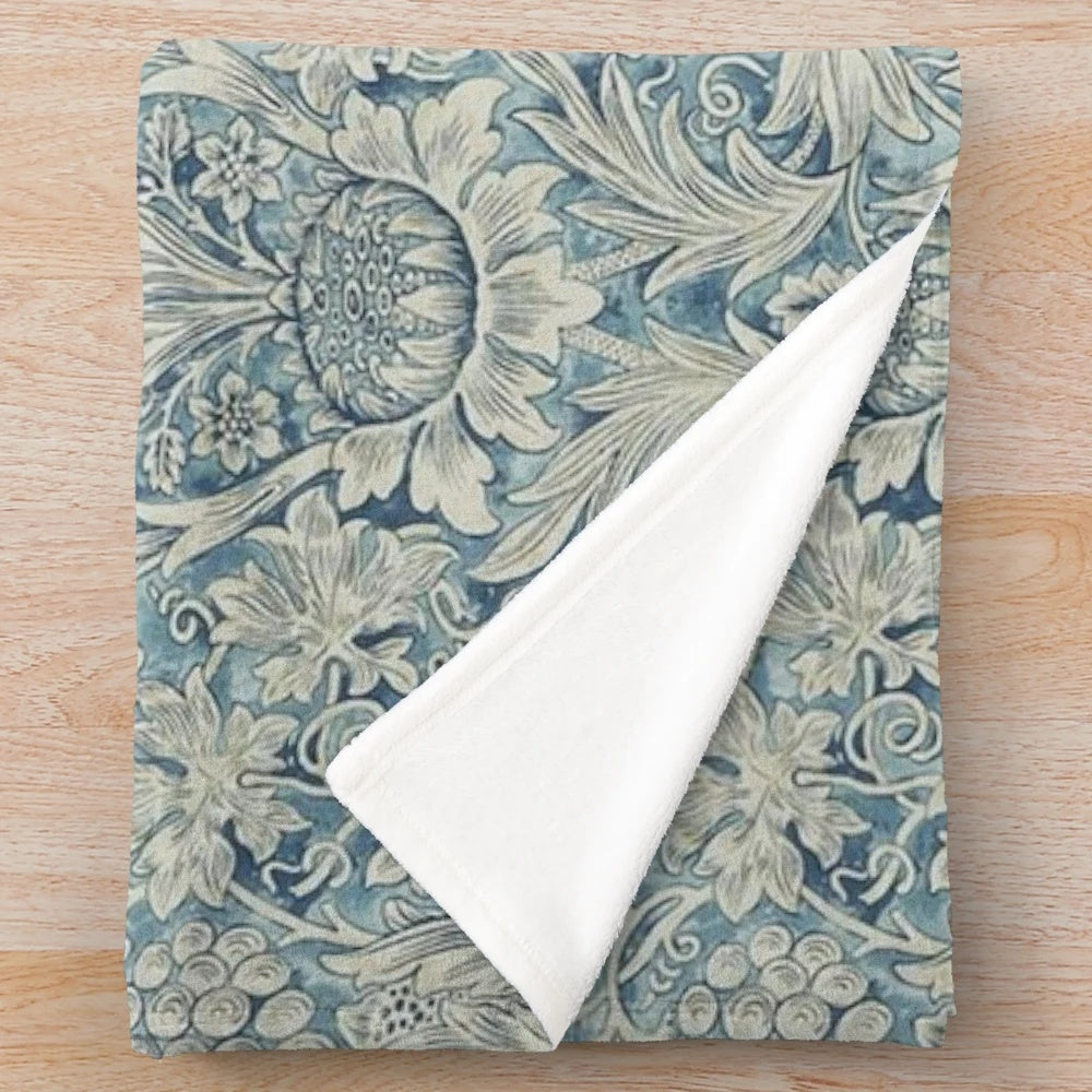 Sunflower patterned plush blanket inspired by the iconic designs of British artist William Morris
