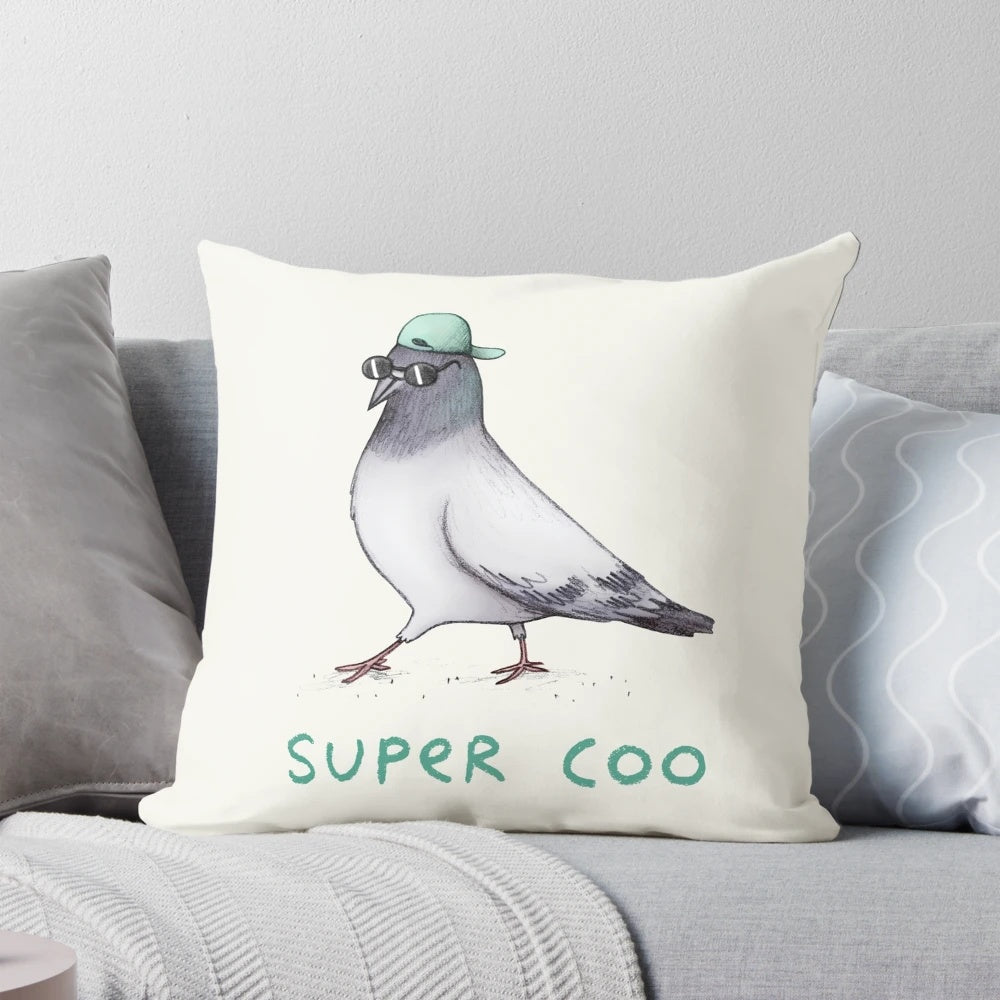 A soft, plush pillow featuring a cute and sassy pigeon design, perfect for adding a touch of whimsy to any space.