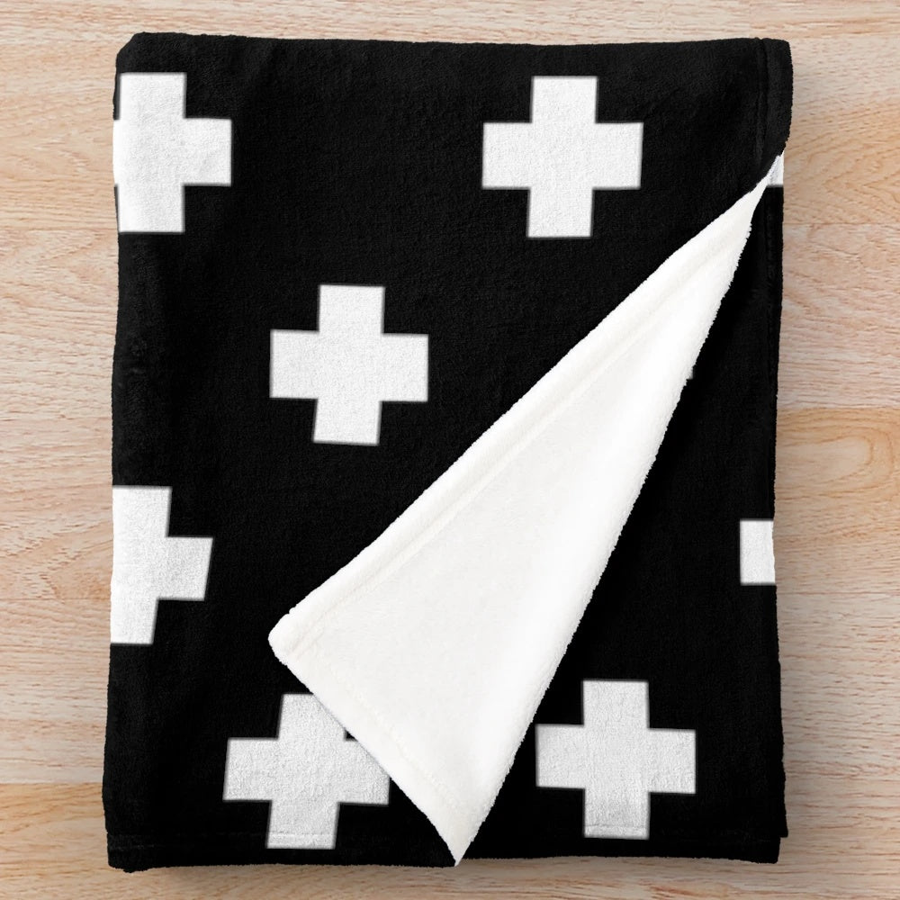 Swiss Cross Patterned Plush Blanket in Black and White