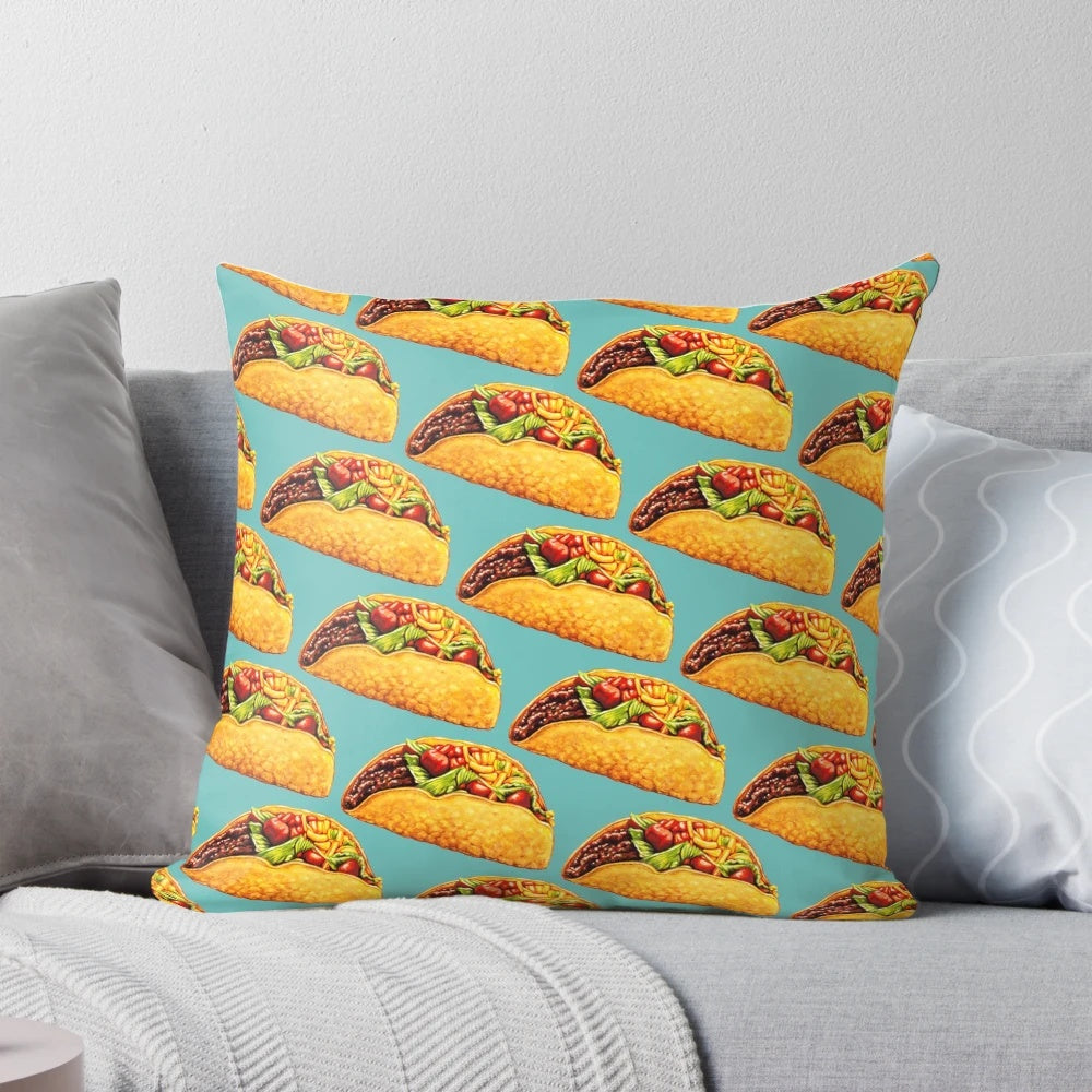 Vibrant taco pattern pillow with soft, plush fabric