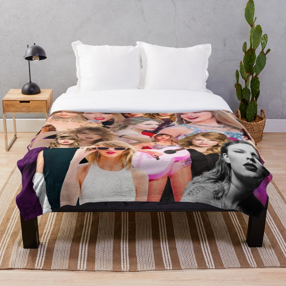 Taylor Swift-inspired plush collage blanket throw with pop culture design