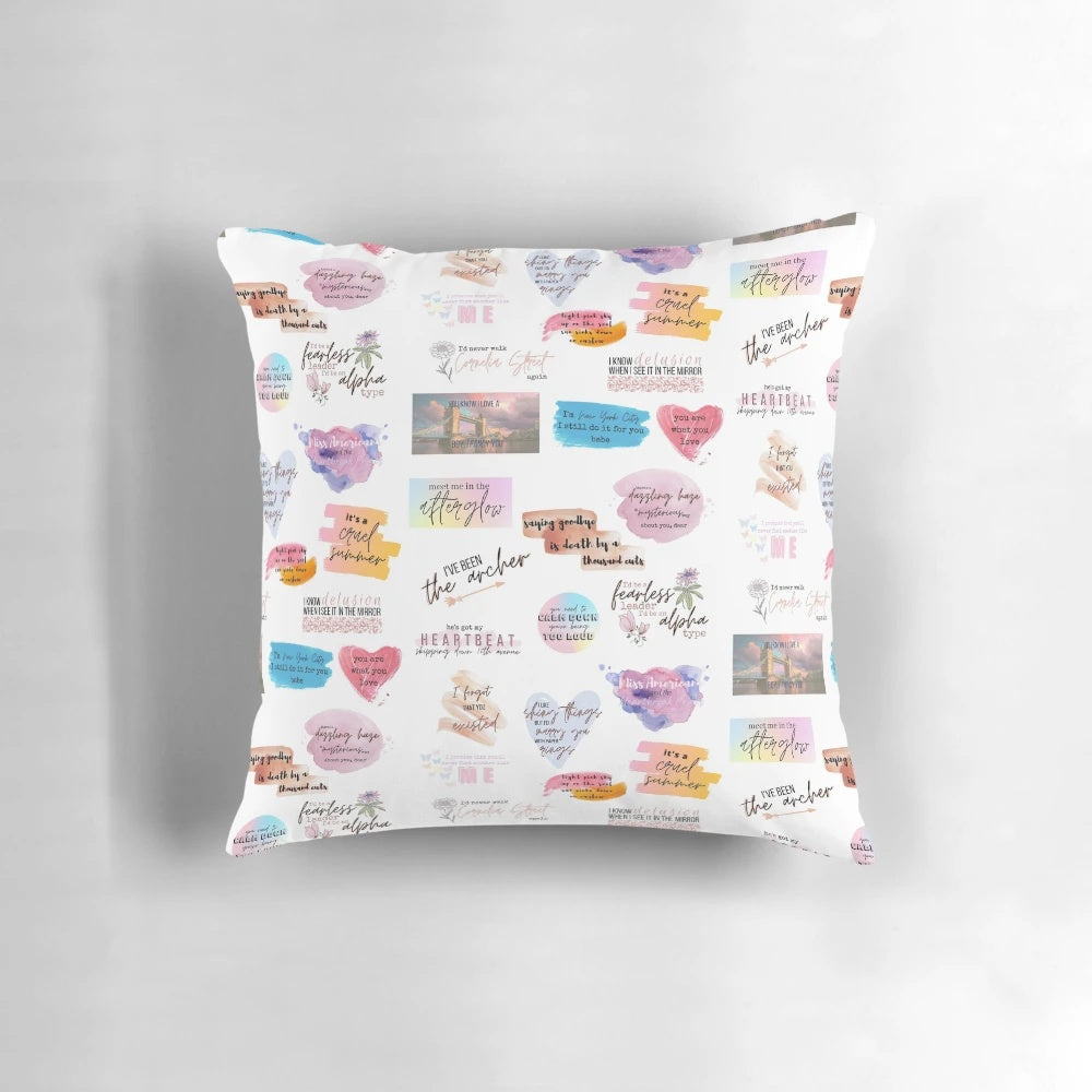 Decorative pillow with a collage of Taylor Swift's Lover album imagery