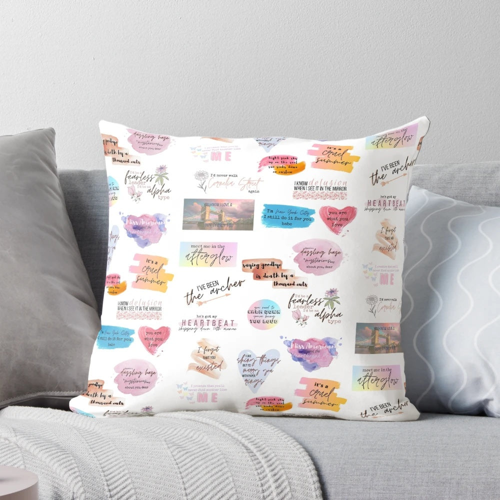 Decorative pillow with a collage of Taylor Swift's Lover album imagery