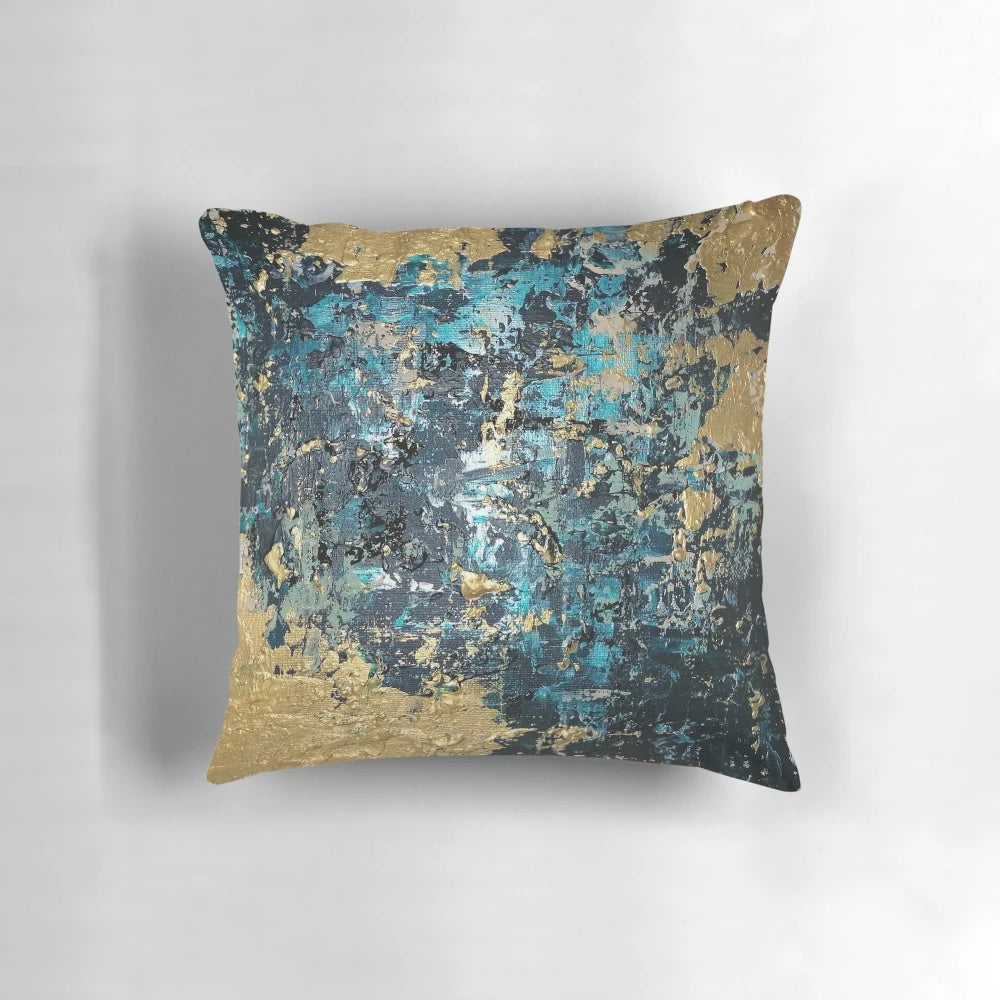 Teal and gold abstract decorative pillow