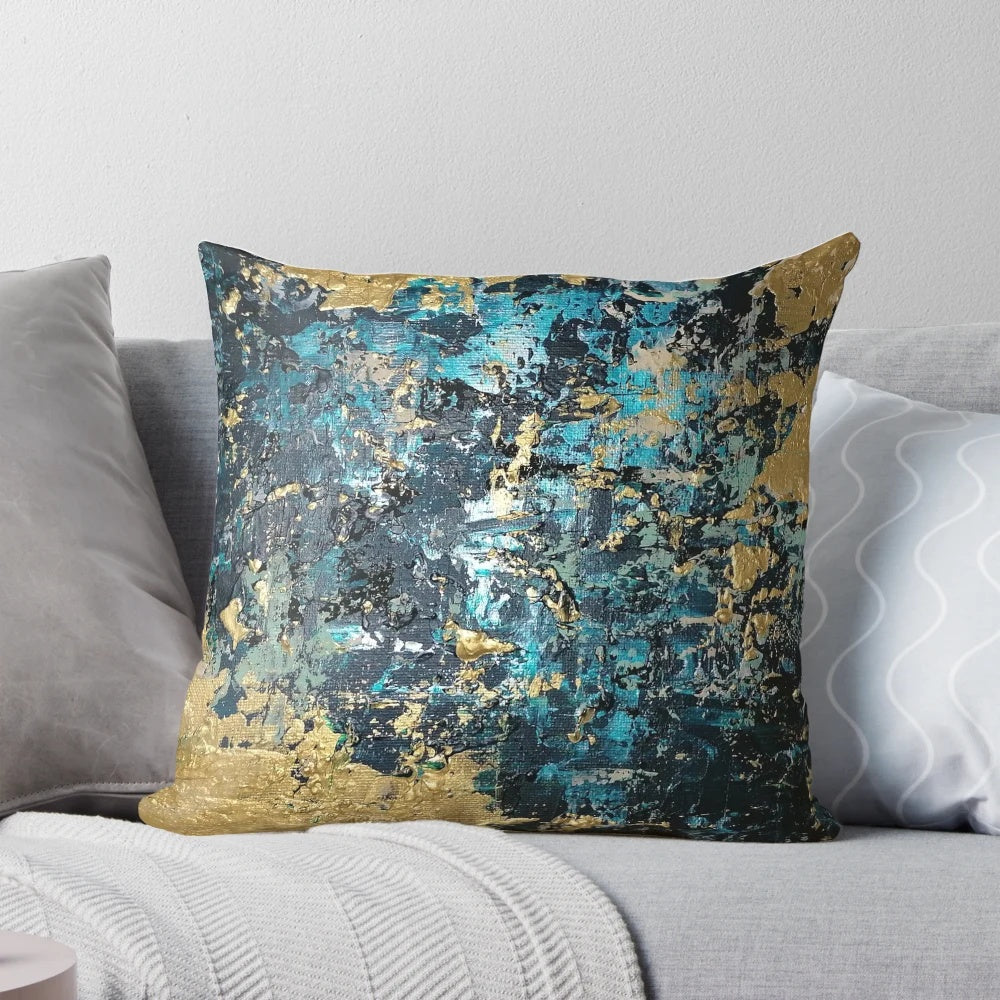Teal and gold abstract decorative pillow