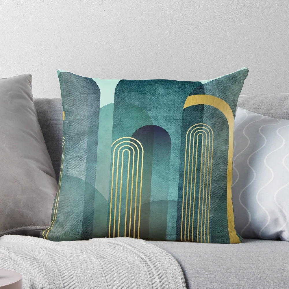 Teal textured arches decorative pillow with a modern, abstract design