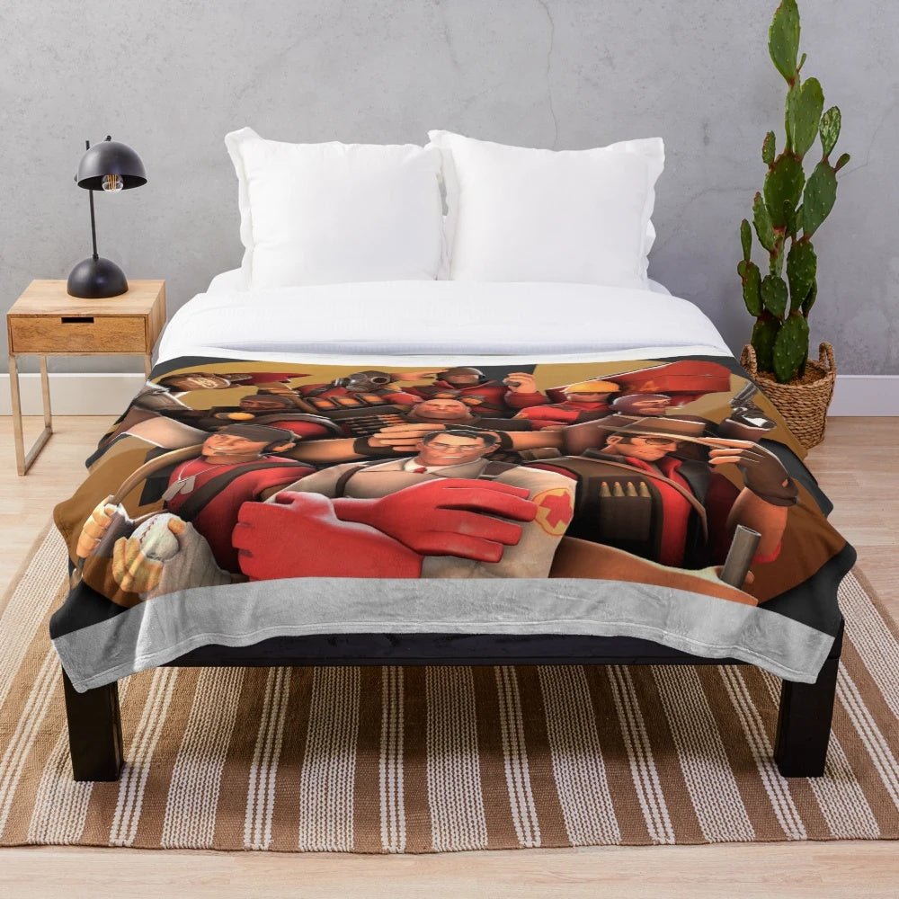 Team Fortress 2 inspired plush blanket featuring game artwork