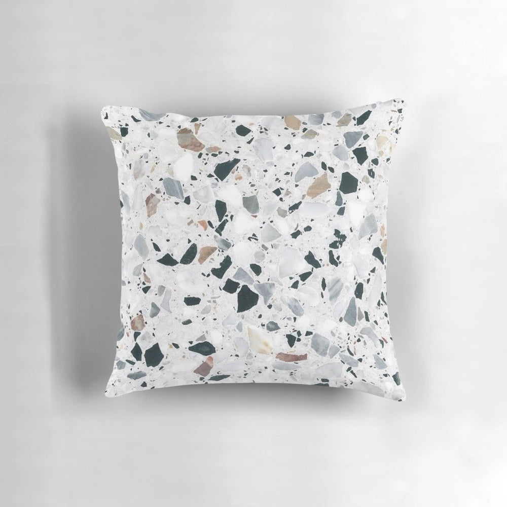 Terrazzo pattern decorative pillow in black, white, grey and bronze colors