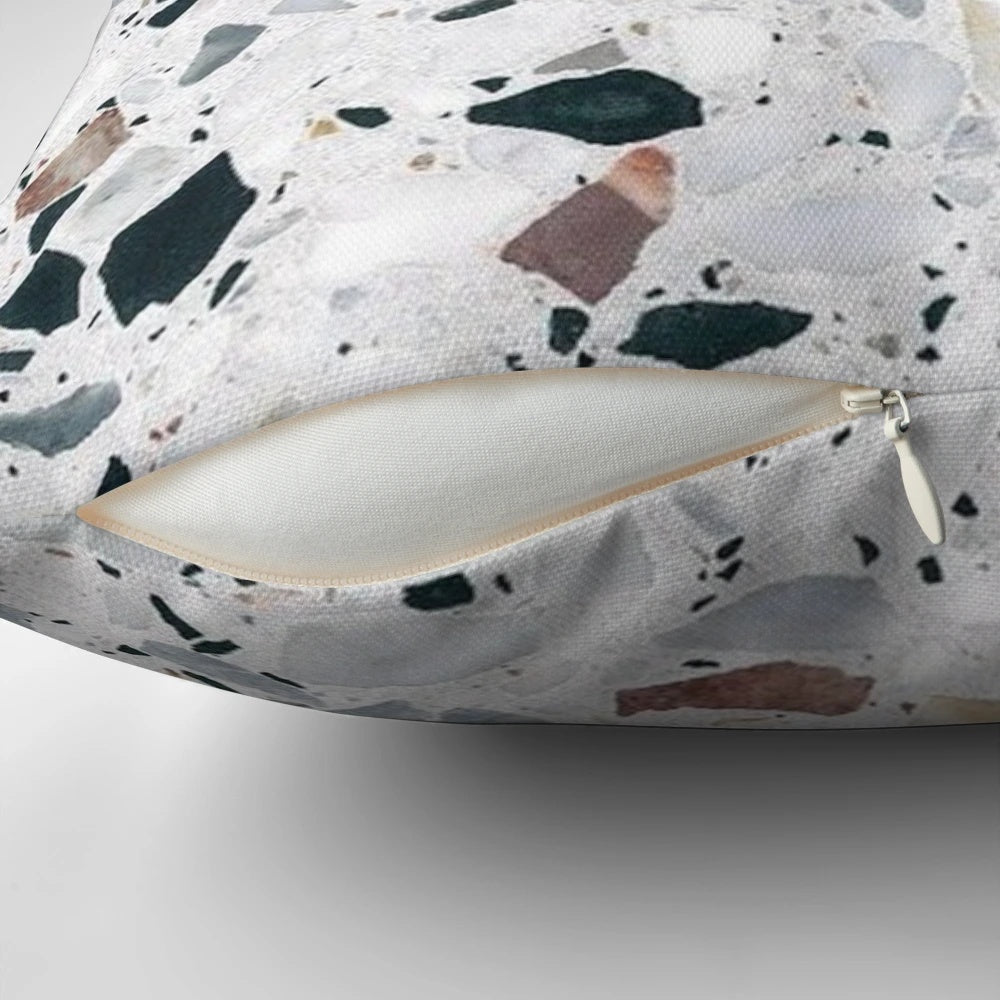 Terrazzo pattern decorative pillow in black, white, grey and bronze colors