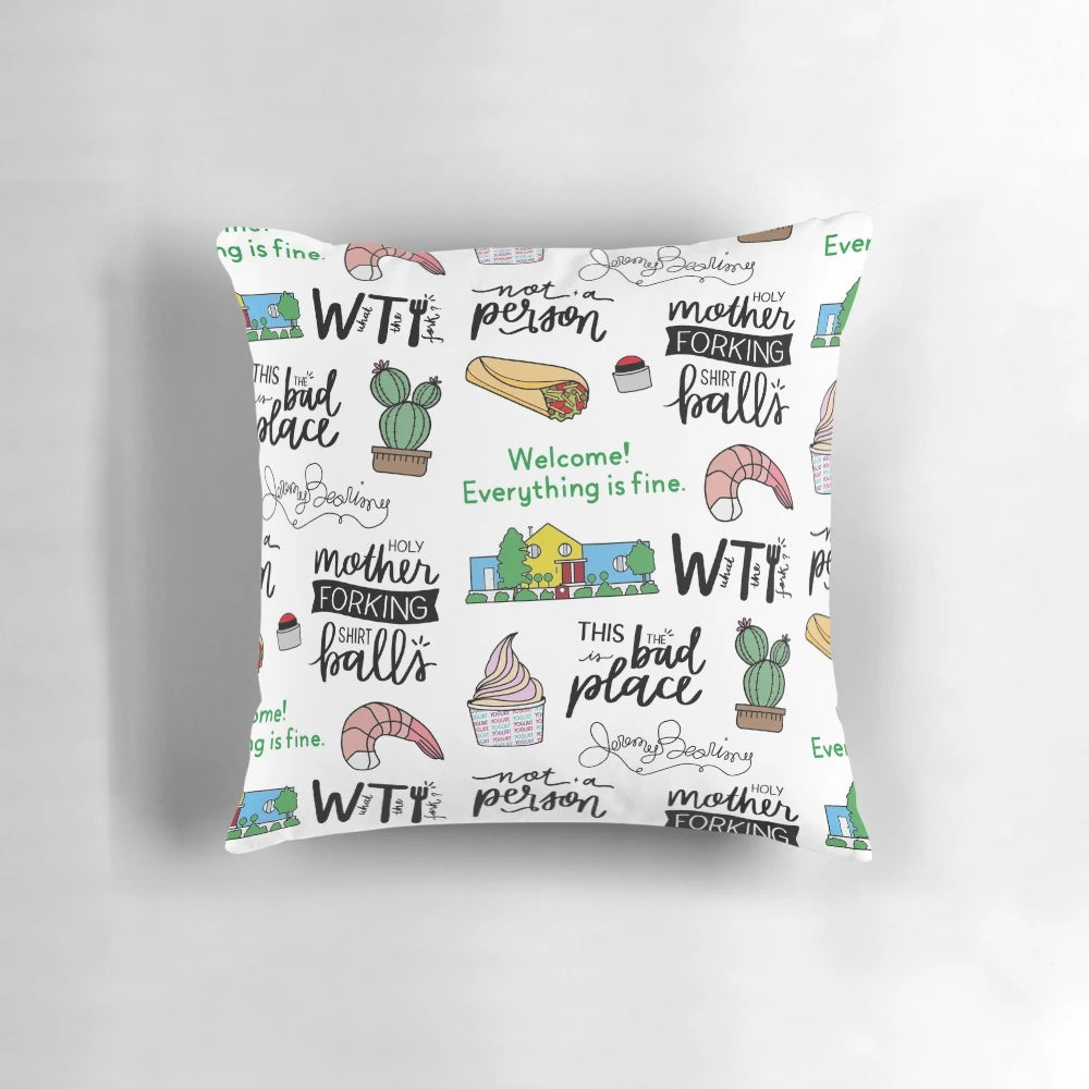 Decorative pillow featuring fan art inspired by the TV show "The Good Place"