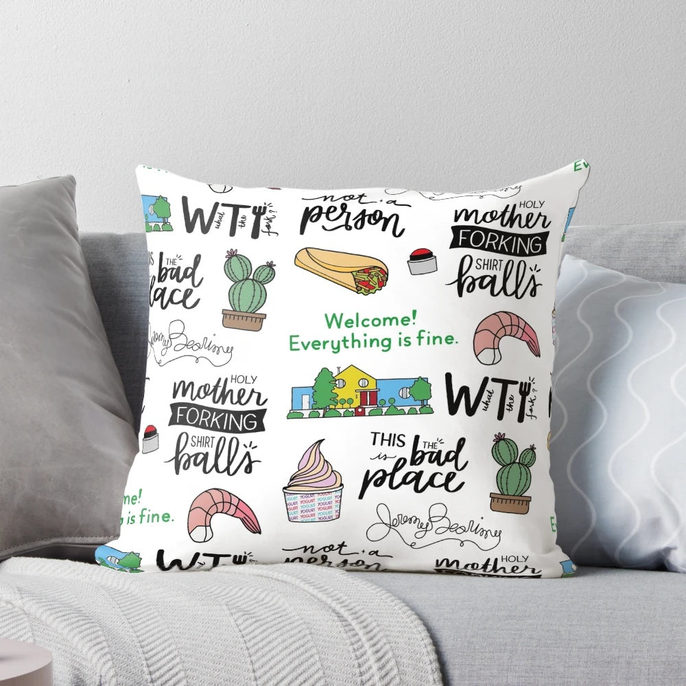 Decorative pillow featuring fan art inspired by the TV show "The Good Place"