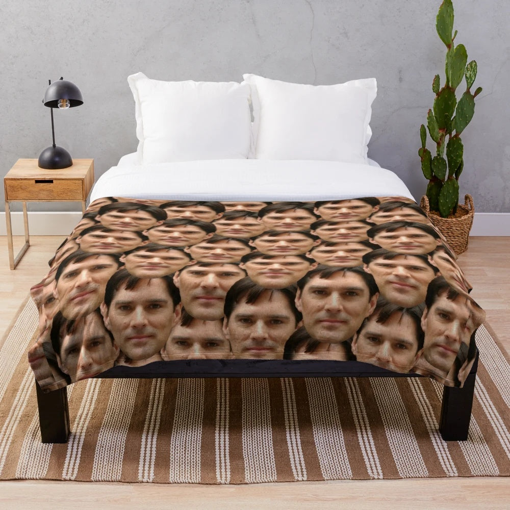 Cozy plush blanket featuring a detailed design of Thomas Gibson's head
