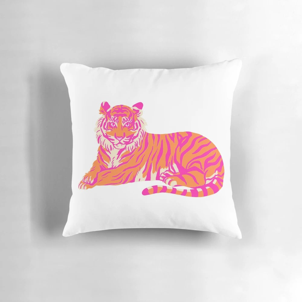 Vibrant orange and pink tiger print throw pillow featuring Clemson Tigers colors