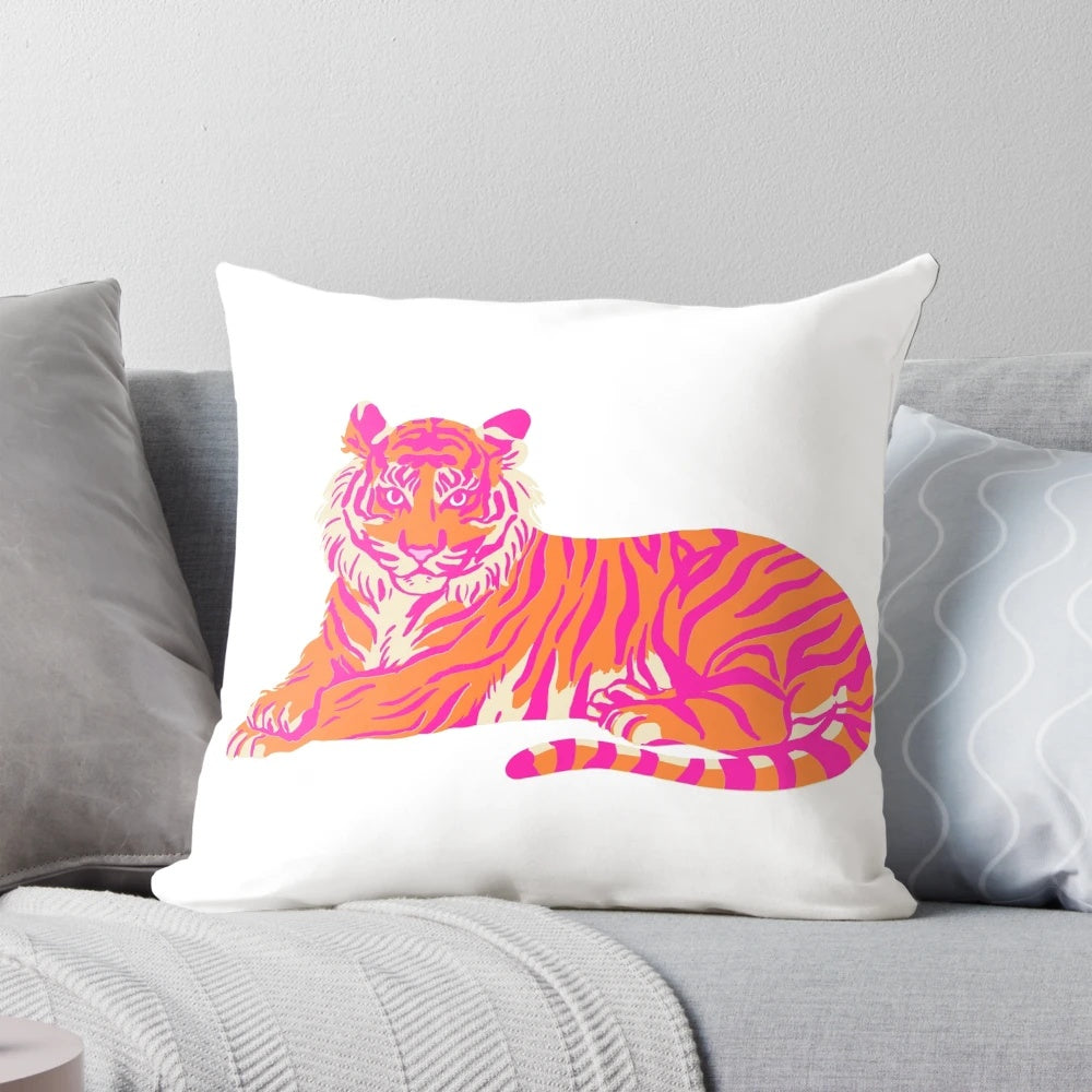 Vibrant orange and pink tiger print throw pillow featuring Clemson Tigers colors