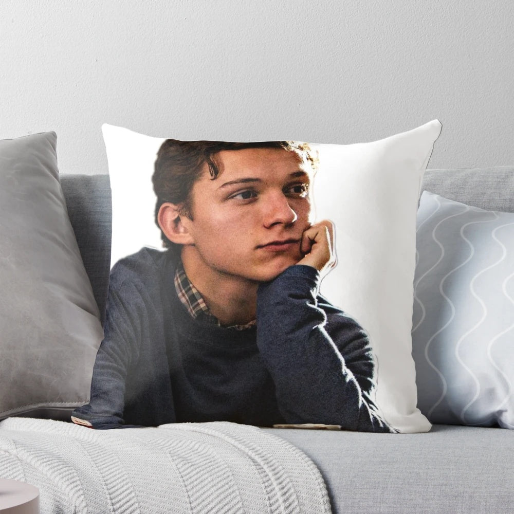 Plush pillow featuring a portrait of actor Tom Holland as Spider-Man