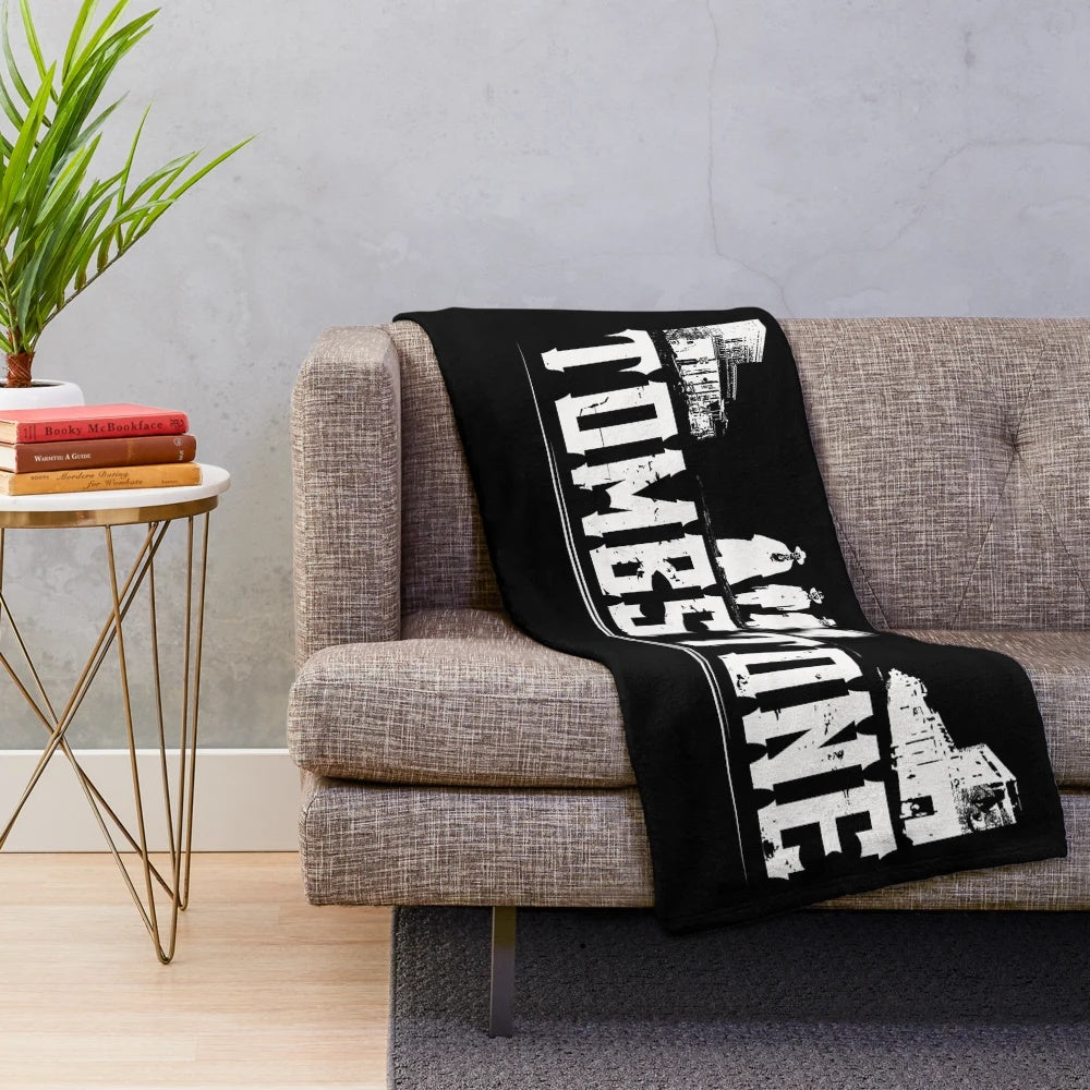 Tombstone-themed plush blanket with classic western design
