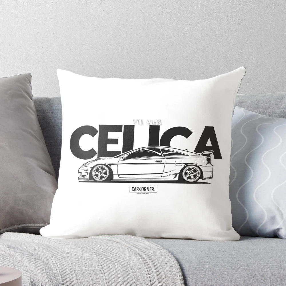 A high-quality graphic pillow featuring a Toyota Celica VII Generation car design with a contemporary vector art style.