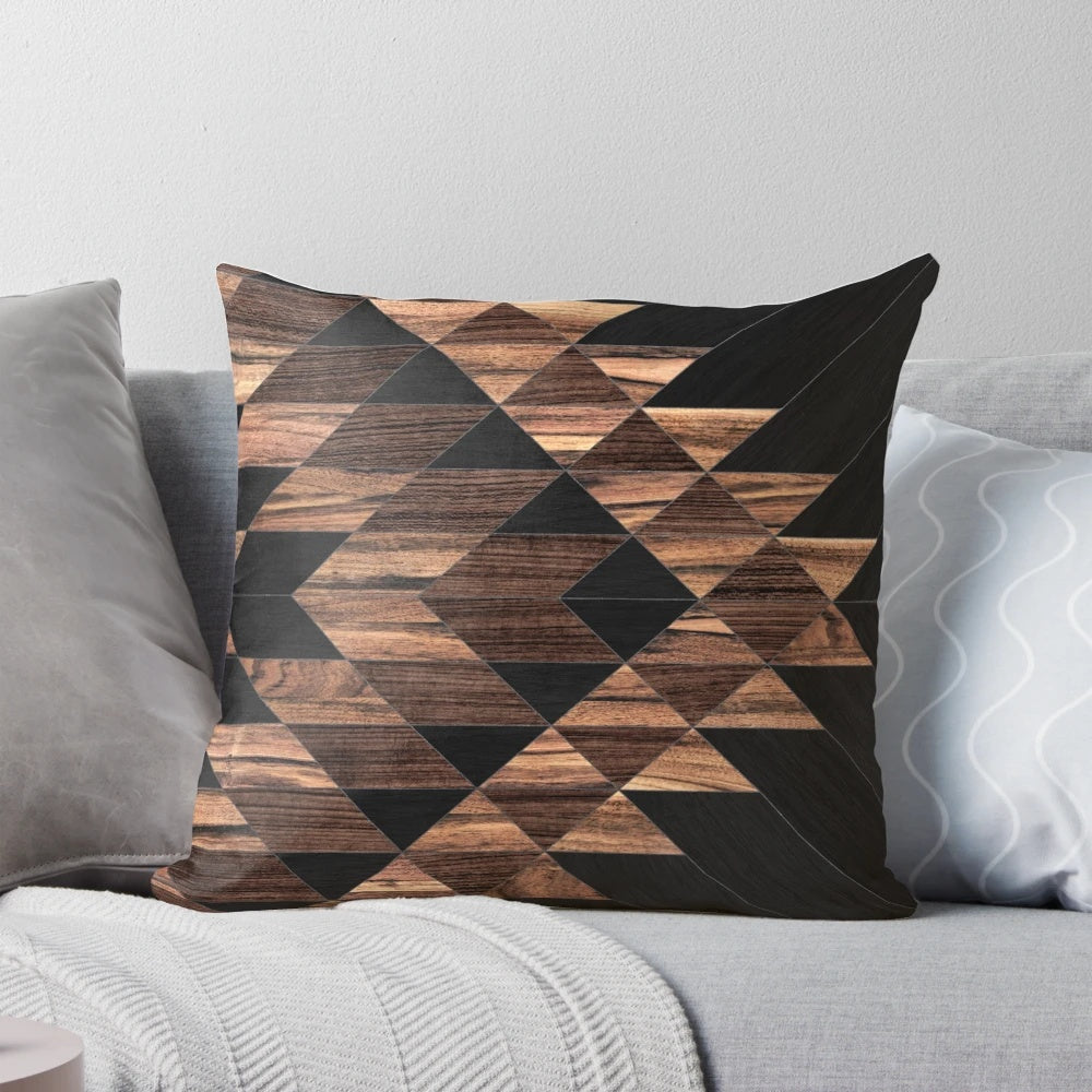 Decorative wood pillow featuring an abstract tribal-inspired pattern in a modern, boho style design.