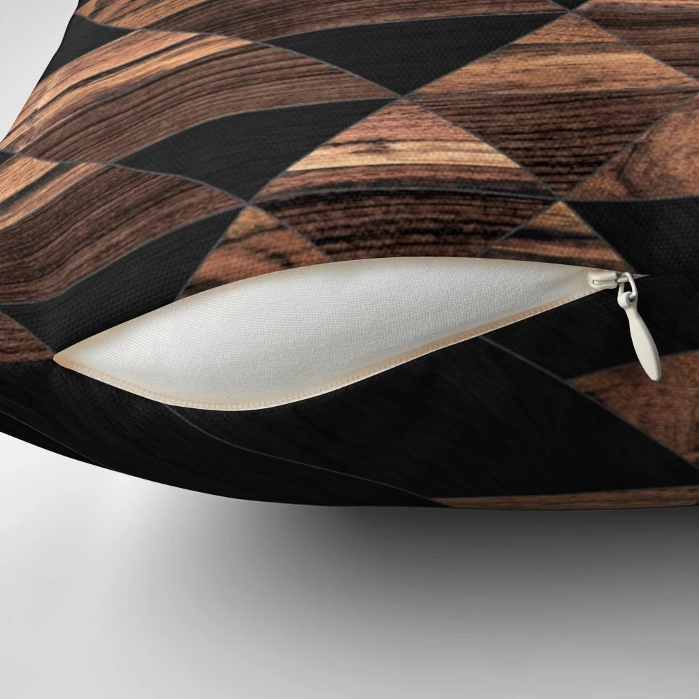 Decorative wood pillow featuring an abstract tribal-inspired pattern in a modern, boho style design.