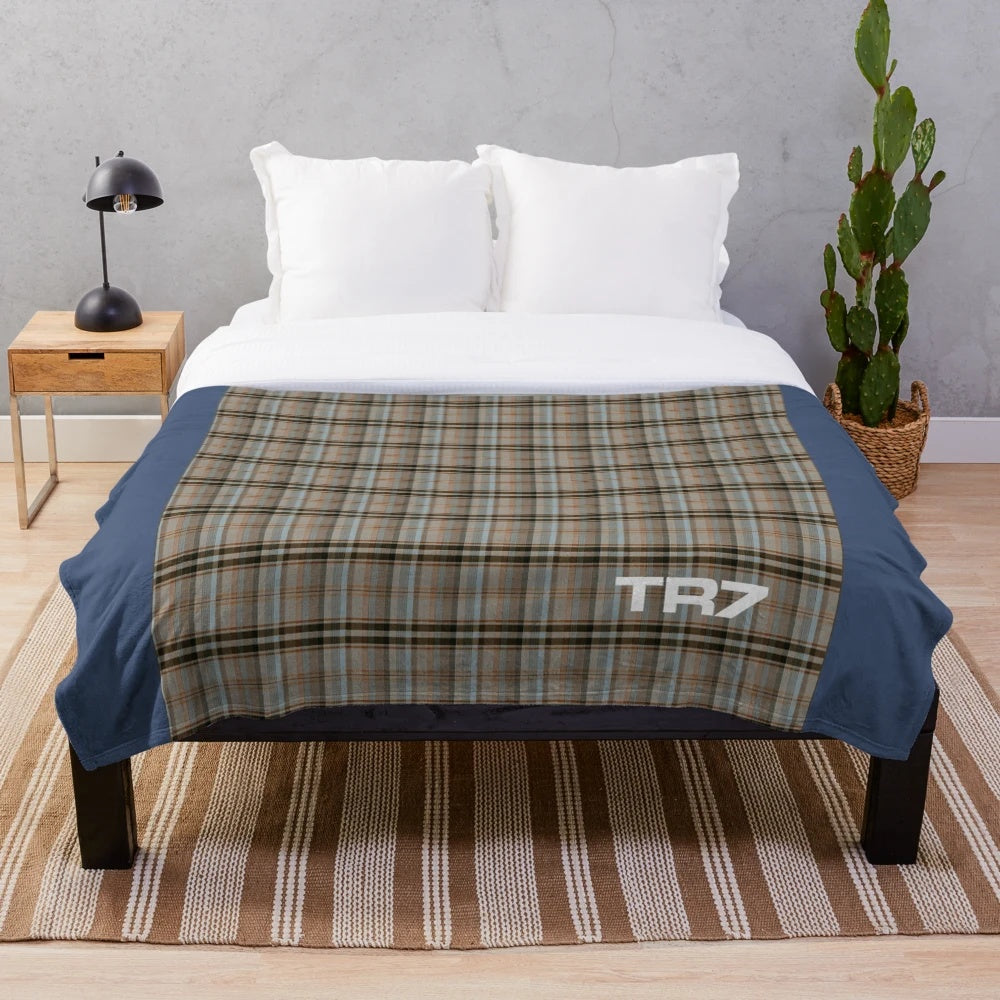 Triumph TR7 navy tartan plush blanket with classic car design