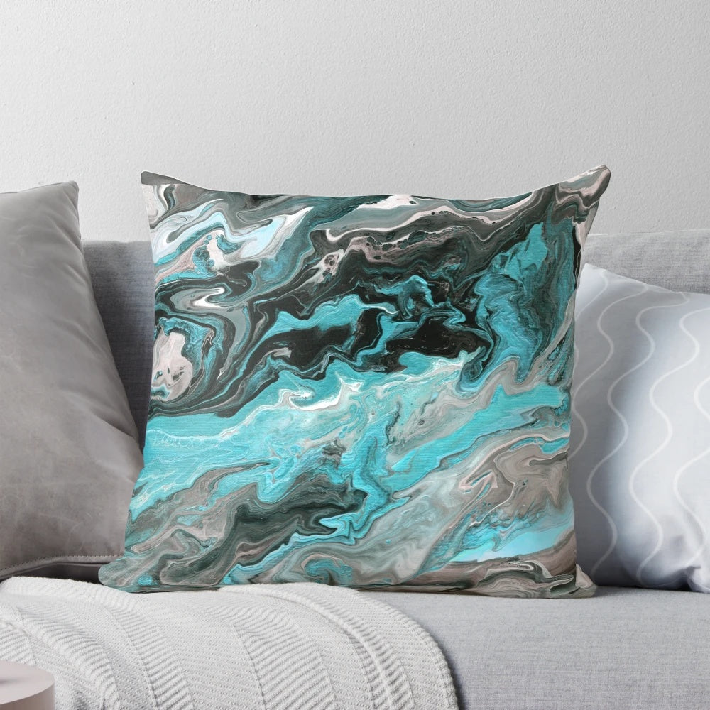 Turquoise marble-patterned pillow with a modern paint pour design