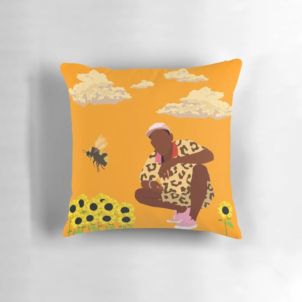 Colorful decorative pillow featuring the album art of Tyler, the Creator's Flower Boy album