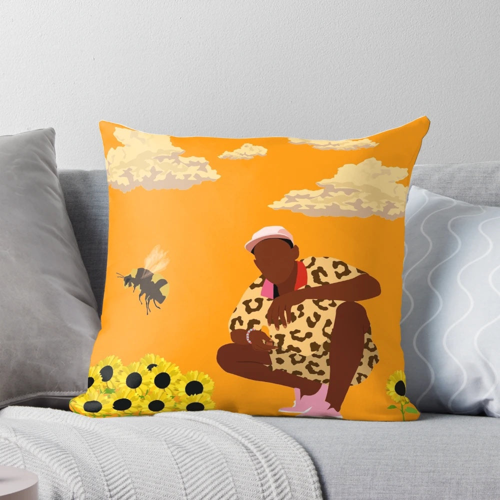 Colorful decorative pillow featuring the album art of Tyler, the Creator's Flower Boy album