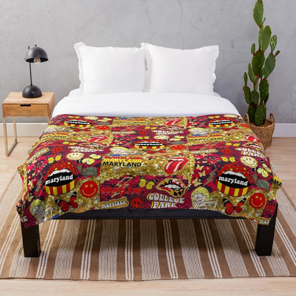 Cozy and trendy plush blanket featuring the University of Maryland logo and designs