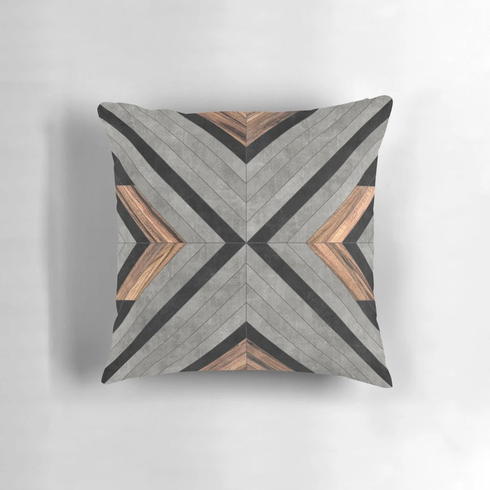 Concrete and wood pillow with an urban tribal pattern design