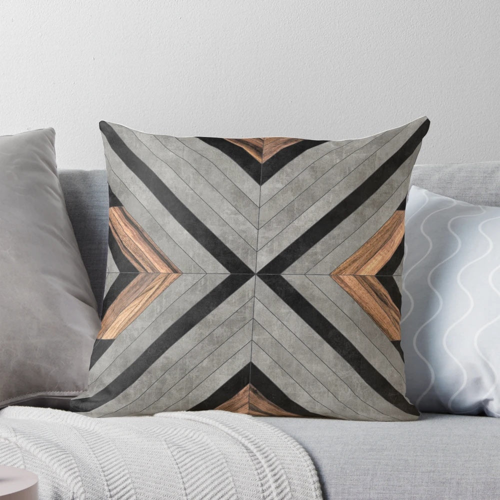Concrete and wood pillow with an urban tribal pattern design