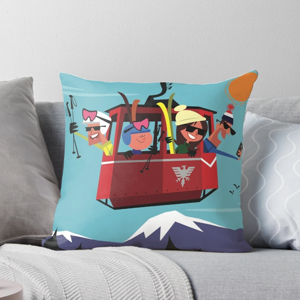 Cozy pillow with a vintage-inspired illustration of the Val D'Isere ski resort in the French Alps.
