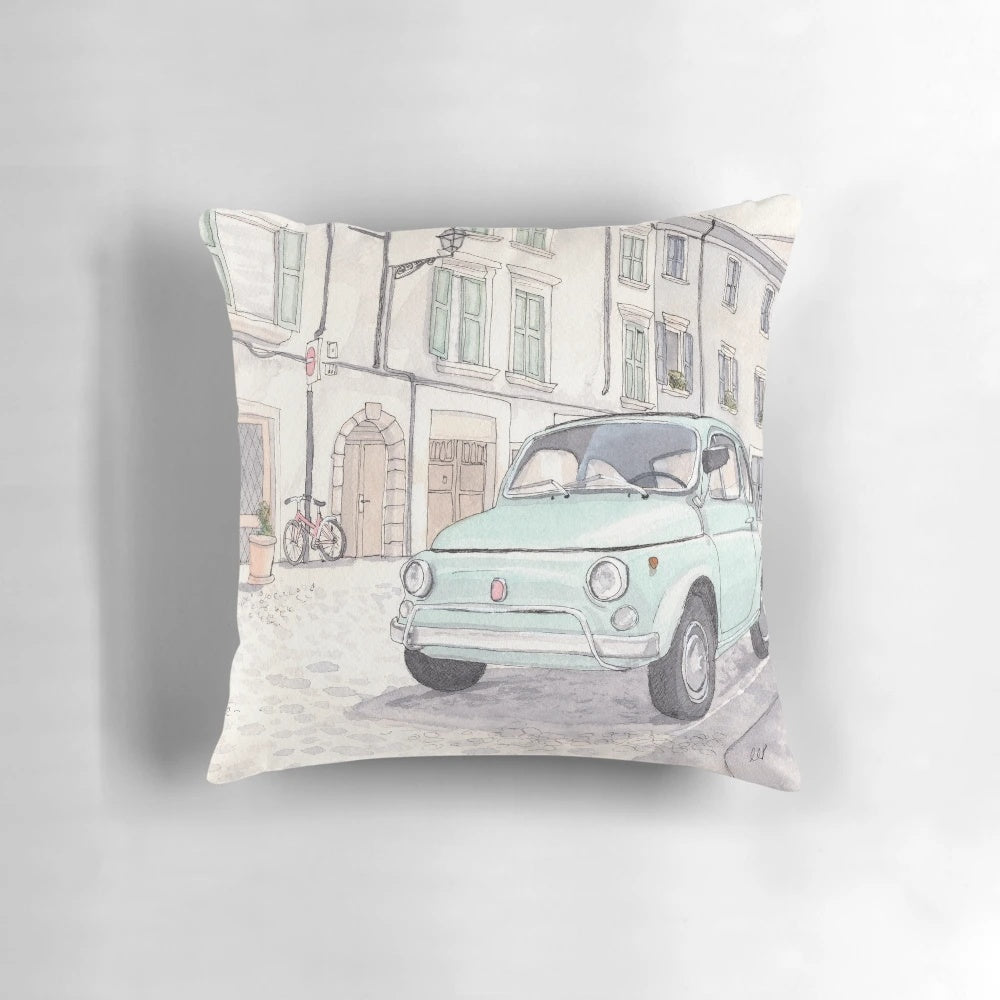 Vintage-style watercolor illustration of a classic Fiat 500 car printed on a decorative pillow