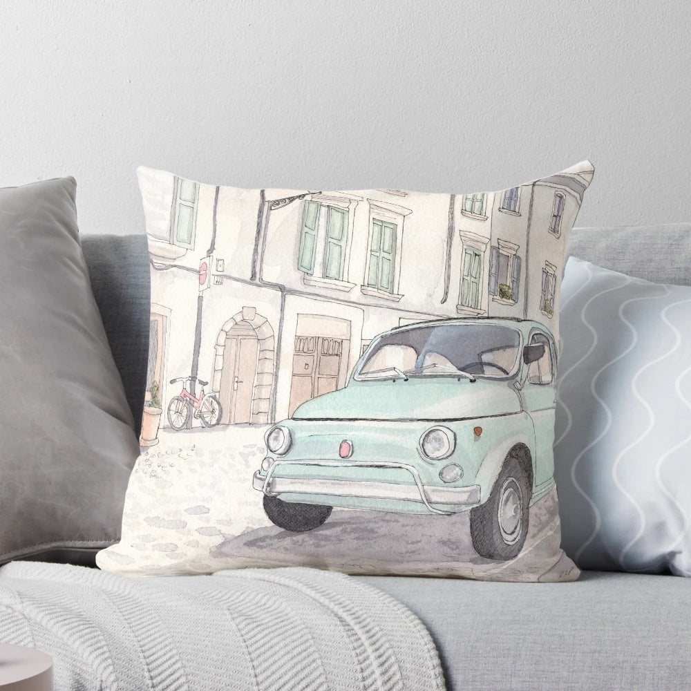 Vintage-style watercolor illustration of a classic Fiat 500 car printed on a decorative pillow