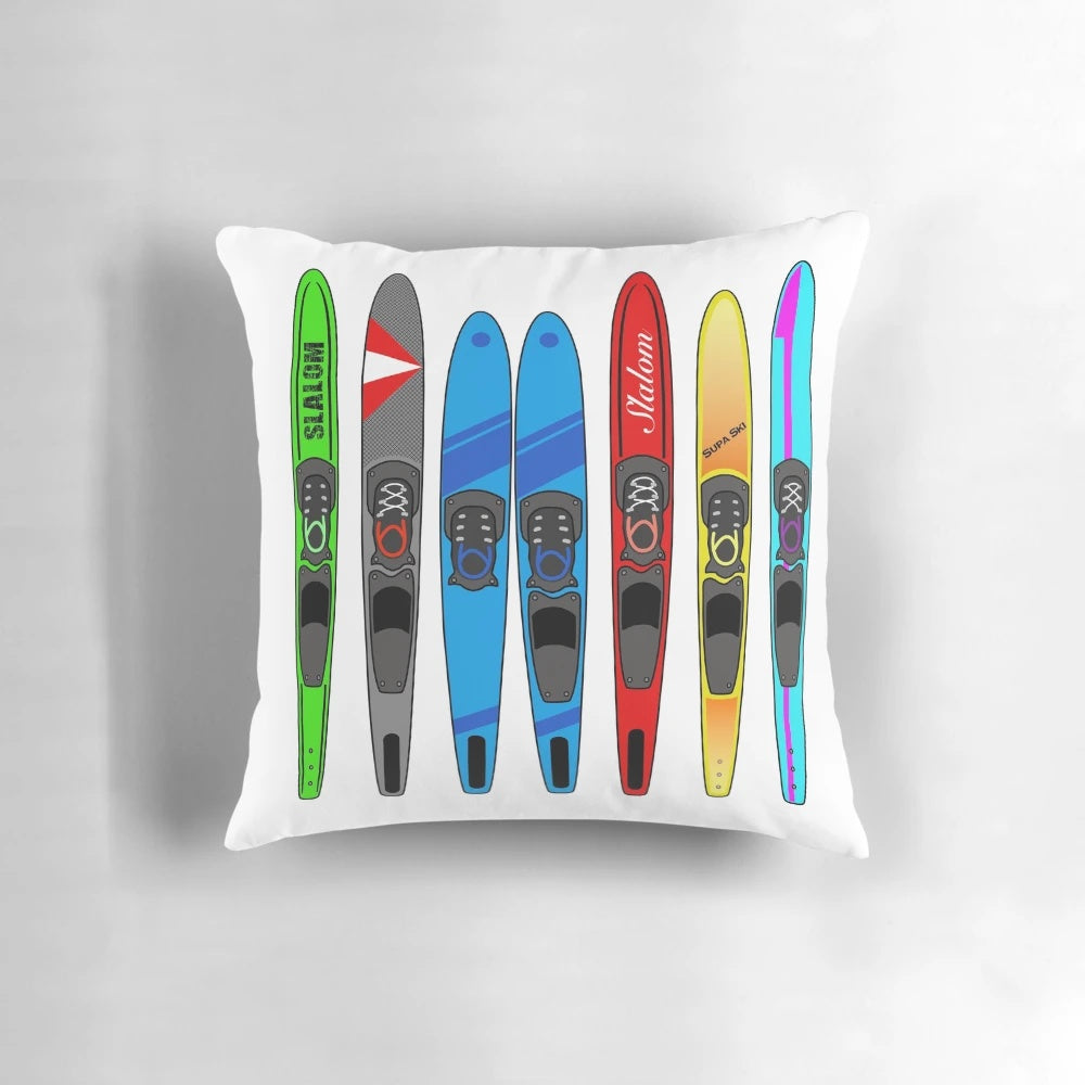 A decorative pillow featuring a rack of water skis, perfect for water sports enthusiasts