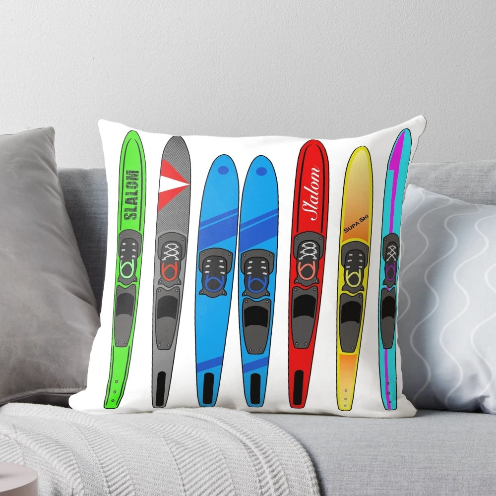 A decorative pillow featuring a rack of water skis, perfect for water sports enthusiasts