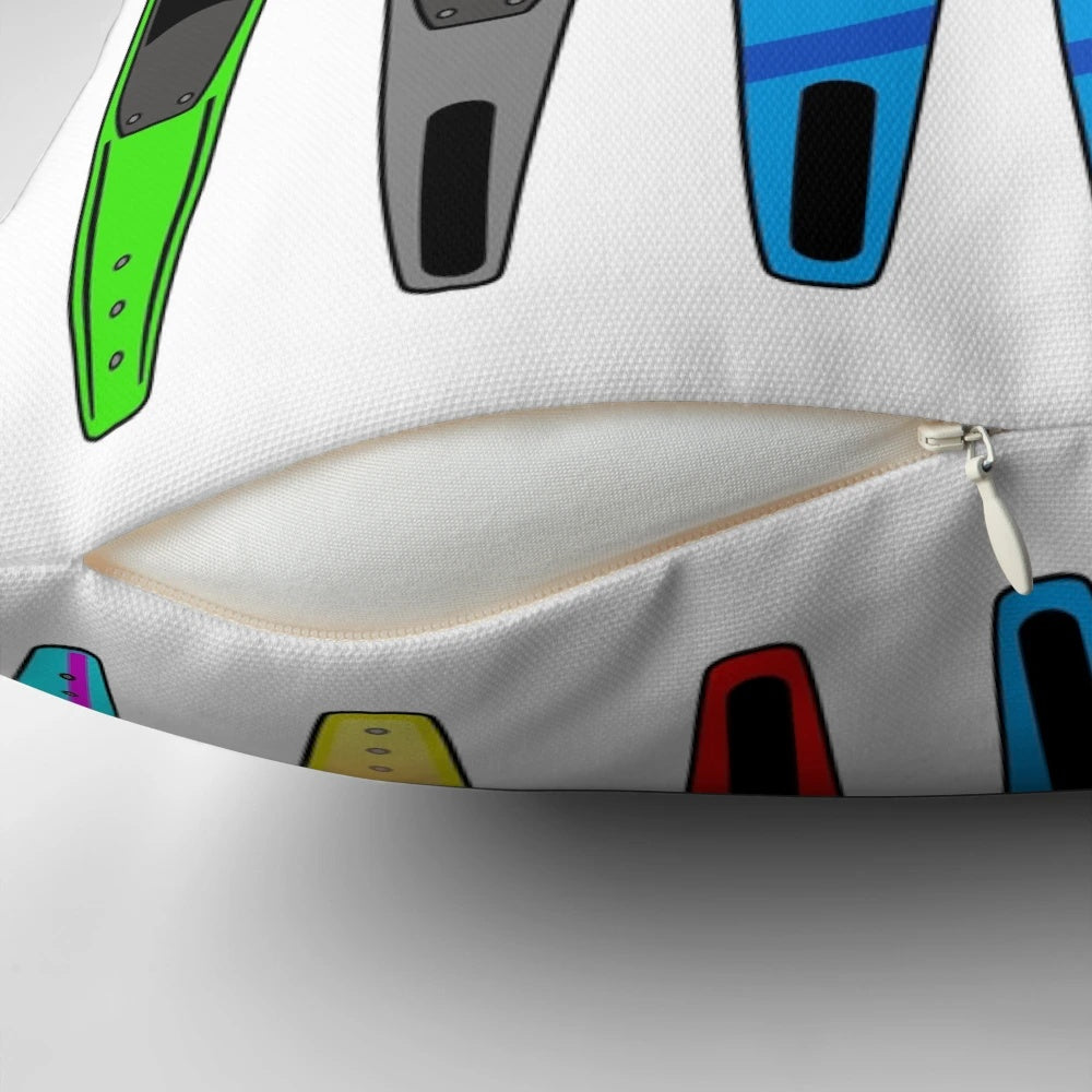 A decorative pillow featuring a rack of water skis, perfect for water sports enthusiasts
