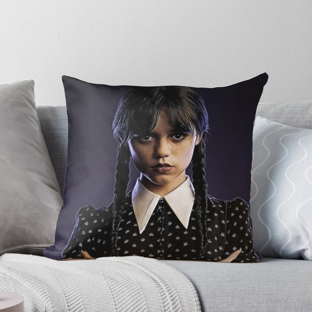 A cozy and chic pillow featuring the iconic character Wednesday Addams from The Addams Family.