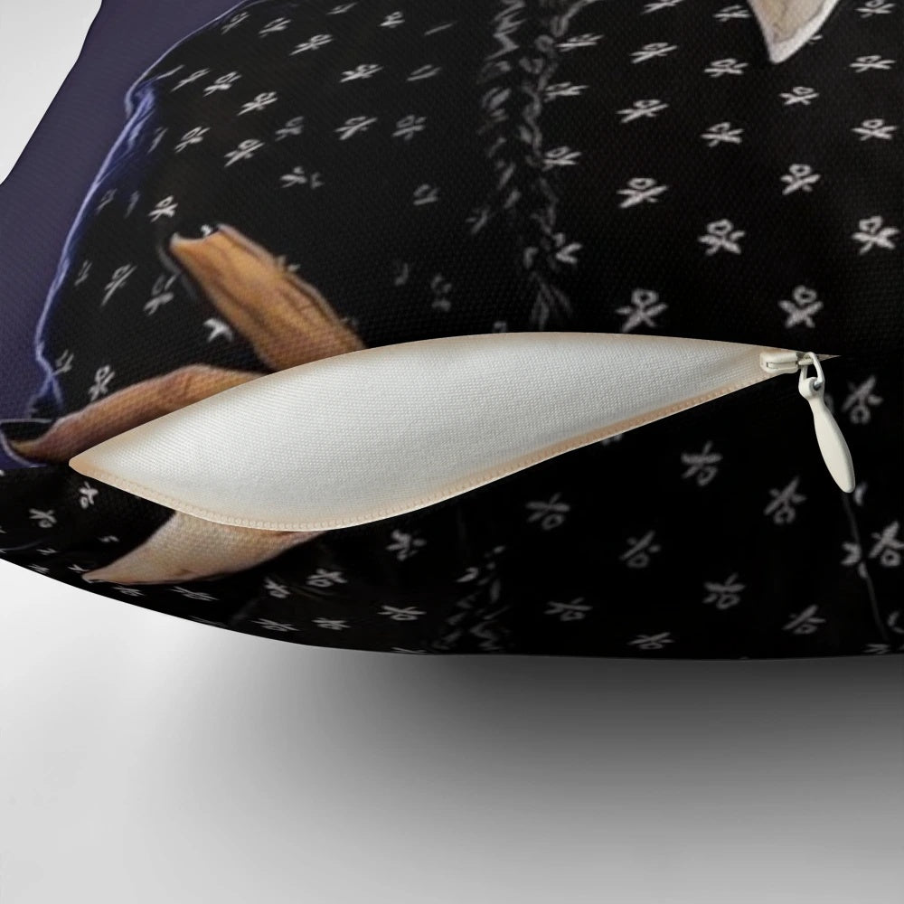 A cozy and chic pillow featuring the iconic character Wednesday Addams from The Addams Family.