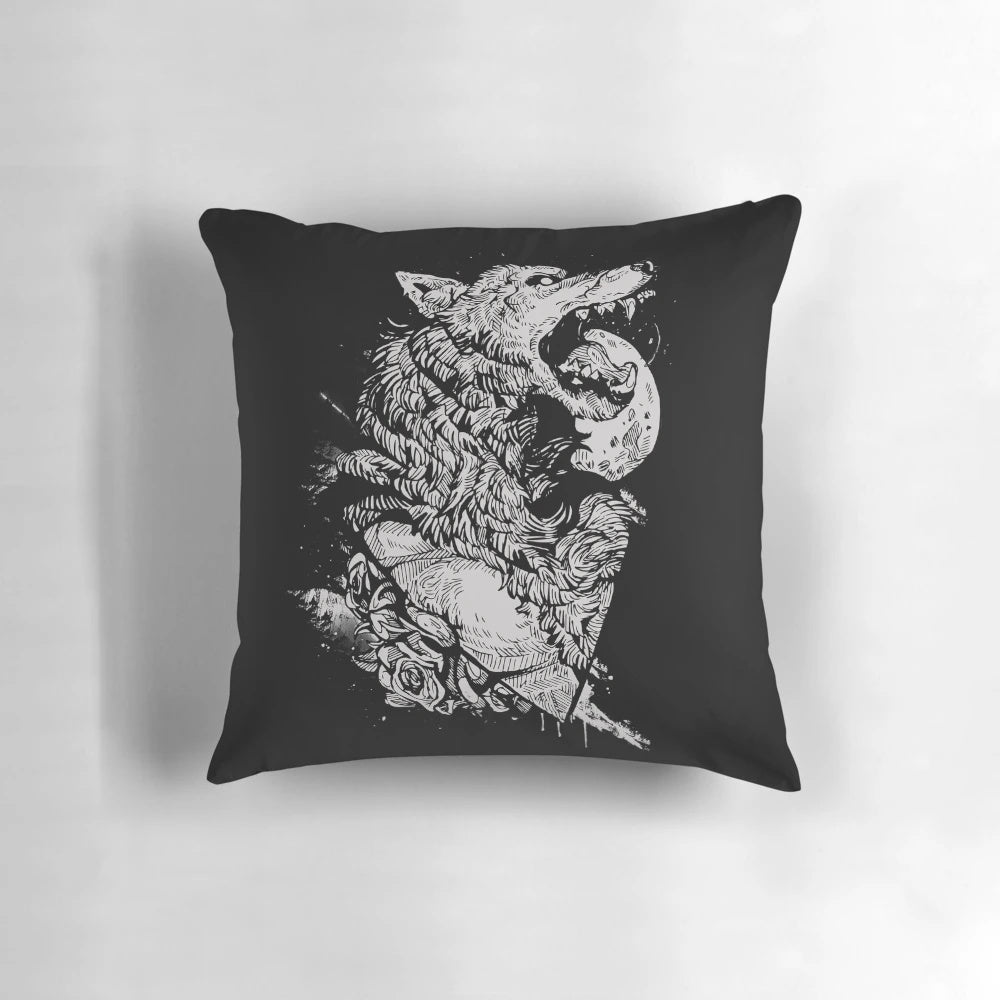 Werewolf-inspired decorative pillow with intricate tattoo-style ink design