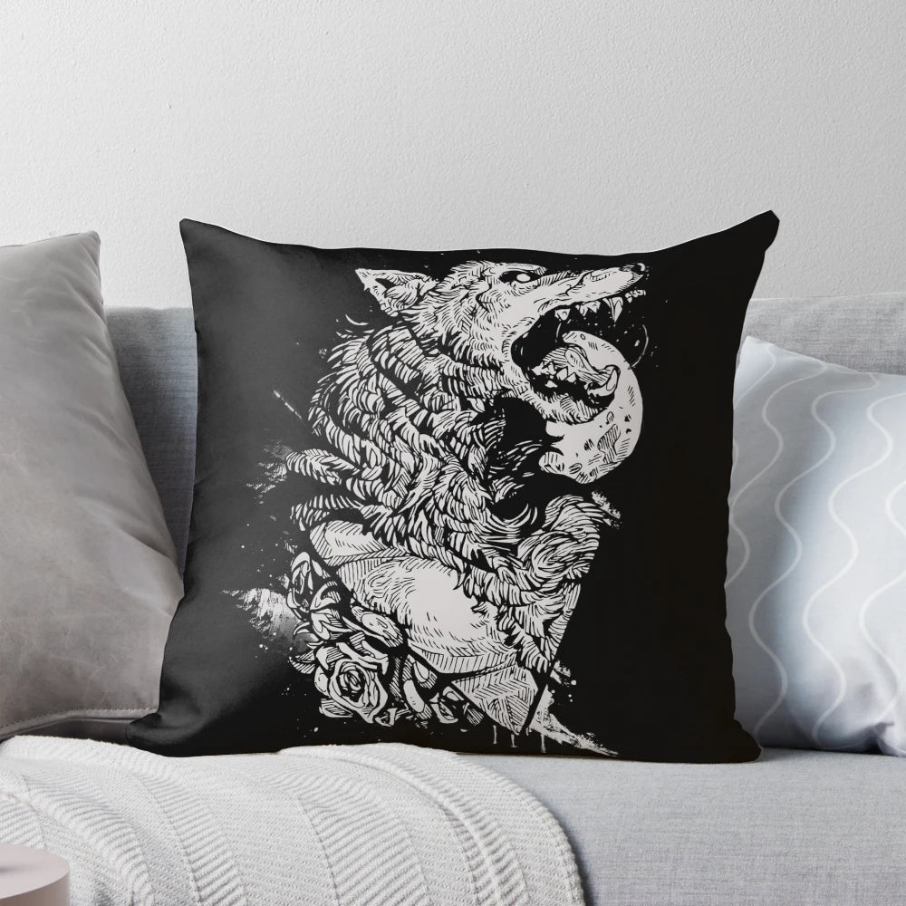 Werewolf-inspired decorative pillow with intricate tattoo-style ink design